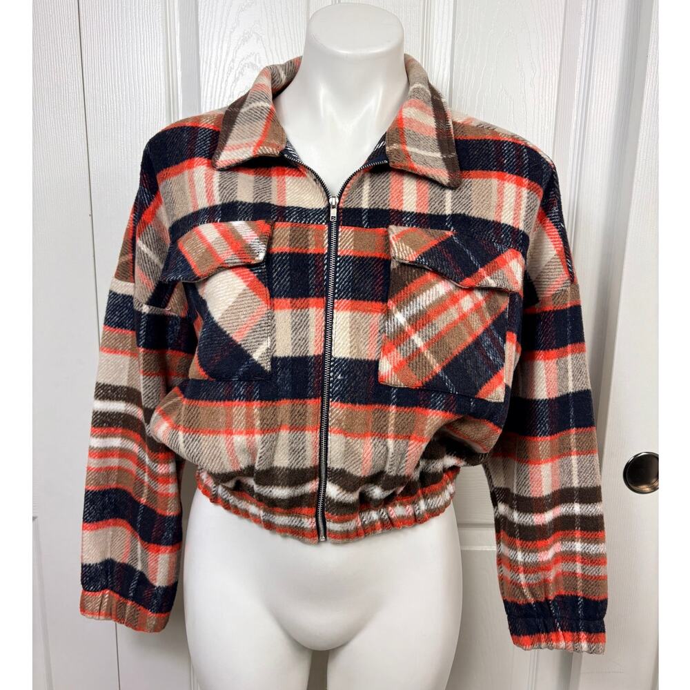 Papaya Crop Zip Front Orange Brown Plaid Flannel Utility Jacket Size S